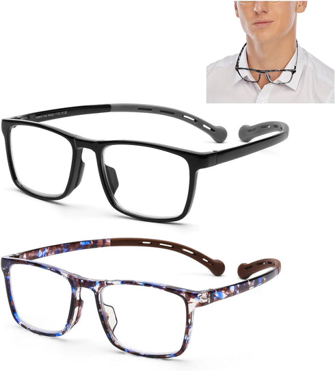 AQWANO 2 Pack Flexible TR90 Reading Glasses for Women Men Long Arms for Neck Hanging, Ultra-light Sports Style Readers Blue Light Block Anti Glare...