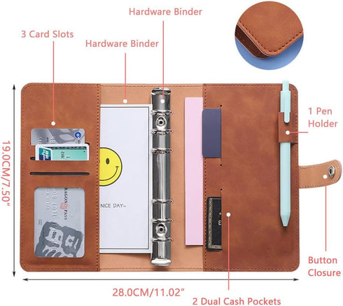 A6 PU Leather Notebook Binder Refillable 6 Ring Budget Binder for A6 Filler Paper, Loose Leaf Personal Planner Binder Cover with Buckle Closure-Br...