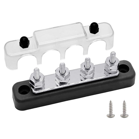 4 x #10 (M5) Studs Bus Bar, Ampper 4.2" Ground Distribution Block Brass Battery BusBar Junction with Cover for Auto Boat Amplifier and More (Black...