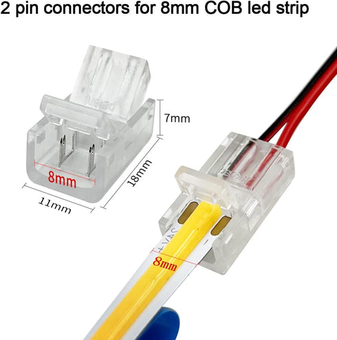 12 Pack 8mm Cob Led Strip Light Connectors 2 Pin, led Strip to Wire Solderless Transparent Track Lighting Adapter Connection with 6M/19.68ft Led W...