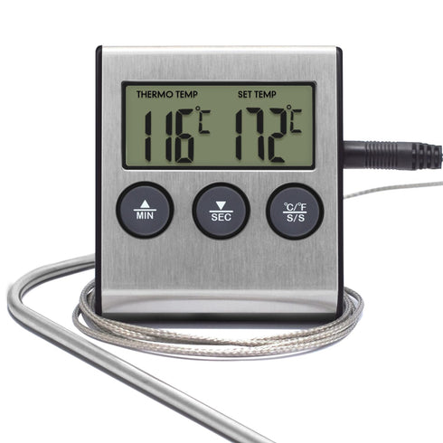Kitchen Instant Read Meat Thermometer, Digital Candy Cooking Smoker Oven Thermometer, BBQ Timer Clock Grill with Stainless Steel Food Probe, Silve...