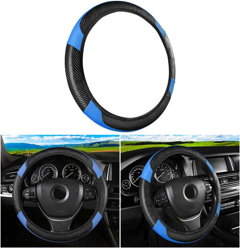 Car Steering Wheel Cover, Anti-Slip Breathable Auto Steering Wheel Protector for Women Men, Leather Carbon Fiber Vehicle Interior Accessories, 15 ...