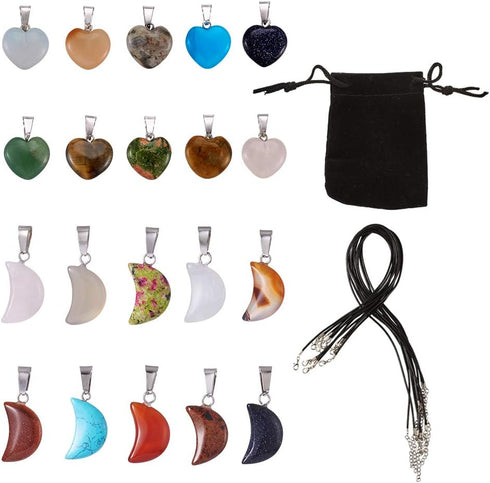 FASHEWELRY 20Pcs Random Crescent Moon Heart Chakra Stone Pendants Healing Crystal Gemstone Charms & 20Pcs Black Waxed Cotton Necklace Cord & 1Pc V...