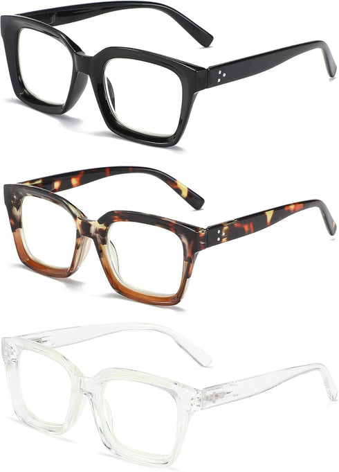 3 Pack Oversize Square Design Reading Glasses for Women, Blue Light Blocking Reader (Black&Leopard&Transparent, 2.75)...