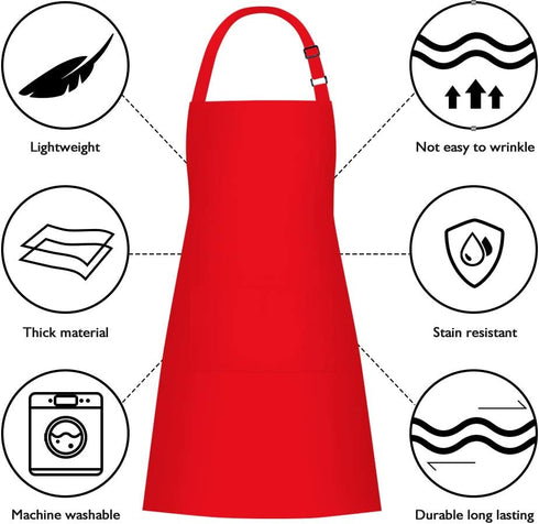 2 Pack 100% Cotton Aprons with 2 Pockets Cooking Chef Kitchen Adjustable Bib Apron for Women Men, Red...