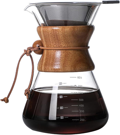 Pour Over Coffee Maker with Reusable Stainless Steel Drip Filter, Lead-Free Borosilicate Glass Coffee Carafe with Modern Wooden Collar for 1-6Cup,...