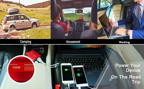 150W red car Power Inverter Converter Plug Adapter 12V to 110V 3.1A Dual USB Outlet for Travel Camping Outdoor All Smartphones Road Trips with Fas...