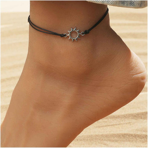 Bohemian Sun Anklet Black Woven Rope Ankle Bracelet Silver Sunshine Chain Anklet Adjustable Wax Anklets Summer Beach Foot Chain Jewelry for Women ...