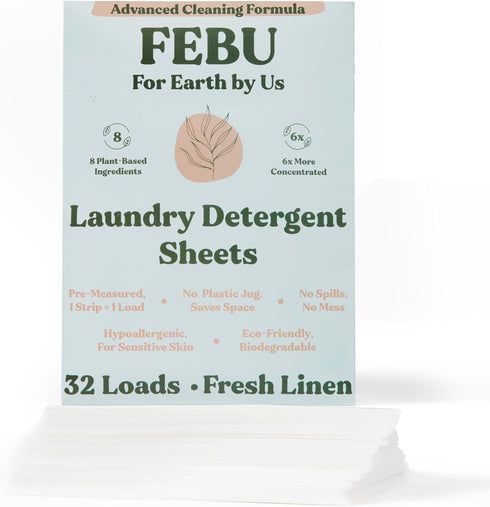 FEBU Eco Friendly Laundry Detergent Sheets | 32 Loads, Fresh Linen | 6x More Cleaning Power With Only 8 Plant-Based Ingredients | Hypoallergenic L...