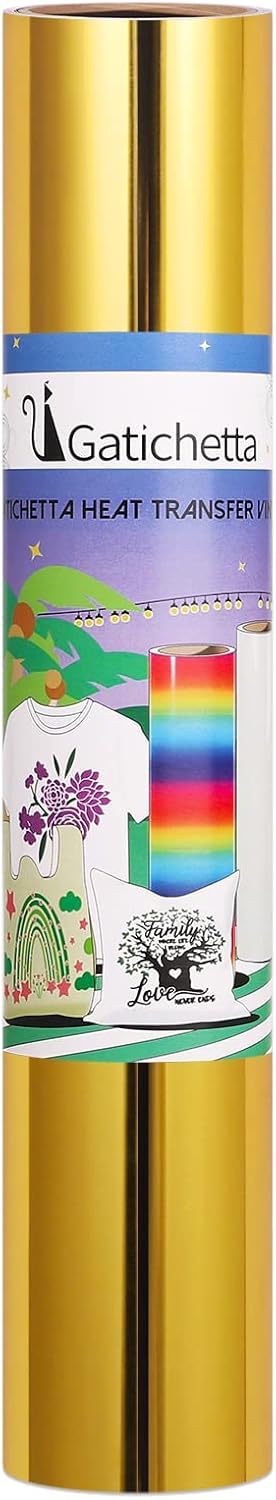 Gatichetta Heat Transfer Vinyl Roll, Metallic Foil Gold Iron On Vinyl 12" X 6ft Chrome HTV Vinyl for Garments...