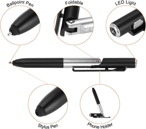 MECCANIXITY 5pcs Multifunction Stylus Pen Capacitive Touch Screen Ballpoint Pens with LED Light, Foldable Phone Holder Stand for Writing in The Da...
