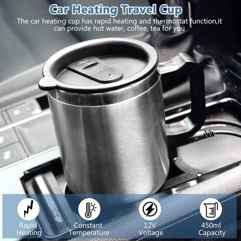 electric heating cup in car stainless steel travel coffee tea warmer cup heated mug portable 12v cigarette lighter cable auto charger insulated th...