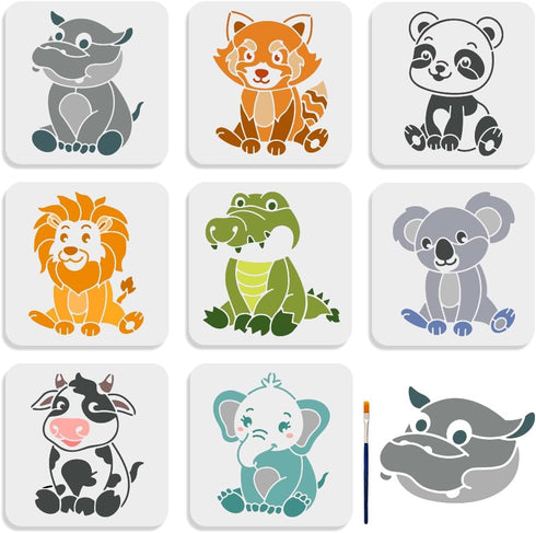 8pcs Small Animal Stencils 8×8inch Reusable Wild Animal Painting Stencils with Paint Brush Small Panda Lion Koala Cow Elephant Template for Wood R...