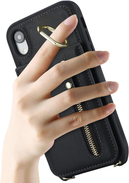 iPhone XR Phone Case with Card Holder for Women, iPhone XR Case Wallet with Strap Credit Card Slots Crossbody with Kickstand Zipper Case for iPhon...