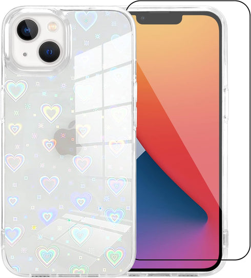 MZELQ Compatible with iPhone 14 Case 2022 6.1 inch Laser Bling Glitter Rainbow Heart Phone Case + Screen Protector, Cute Pattern Designed for iPho...