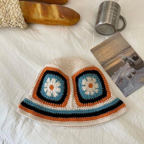 Crochet Knitted Hat Handmande Bucket Hat Summer Floral Beanies Cap (Orange)...