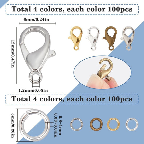 1 Box 400Pcs 4 Colors Lobster Claw Clasp Metal Keychain Clasps & 400Pcs Open Jump Rings Small Trigger Clasp Findings for Jewelry Making Clasps Sup...