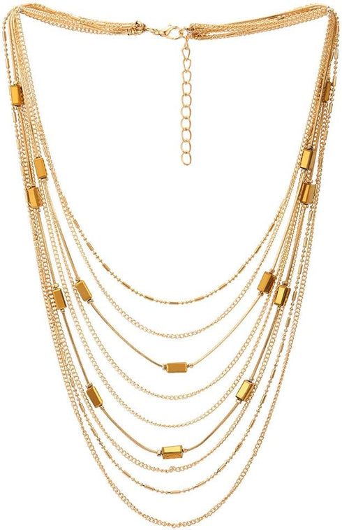 COOLSTEELANDBEYOND Gold Statement Choker Collar Necklace Waterfall Multi-Strand Chain with Rectangle Crystal Bead Charm...