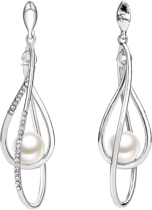 EVER FAITH Women's Austrian Crystal Simulated Pearl Twist Chandelier Teardrop Dangle Earrings Clear...