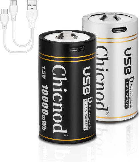 2pack D Batteries-DCell Batteries Rechargeable Lithium ion,1.5V 10000mWh Size D Battery for All Purpose with USB Charging Cord...