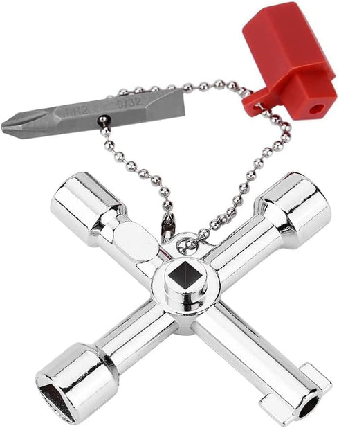 4 in 1 Universal Utilities Key, Multi-Functional Universal Cross Key with Bit Zinc Alloy Tools Electrical Cupboard Box, Train Door, Water Meter Va...