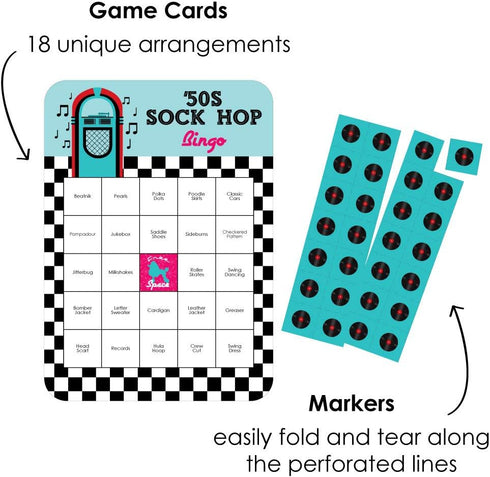 Big Dot of Happiness 50’s Sock Hop - Bar Bingo Cards and Markers - 1950s Rock N Roll Party Bingo Game - Set of 18...