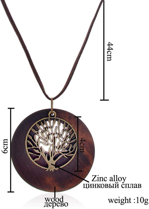 HUNO Tree of Life Pendant Necklace Long Leather Chain Statement Wooden Necklace for Women Vintage Wood Jewelry...