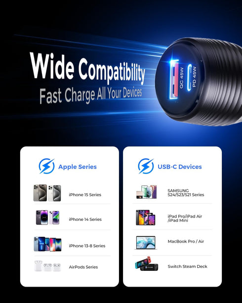 SUNDA 90W USB C Fast Car Charger, 2-Ports Car Charger Adapter, Cigarette Lighter USB Charger PD45W/QC45W QC 3.0 Car Phone Charger for iPhone15/14P...