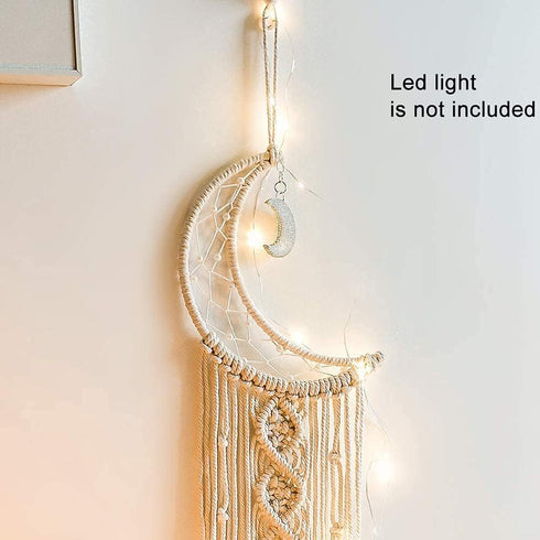 Boho Macrame Woven Wall Hanging, Crochet Crescent Moon Star Dream Catcher with Long Tassel- White Cotton Handmade Bohemian Home Decor Decoration A...