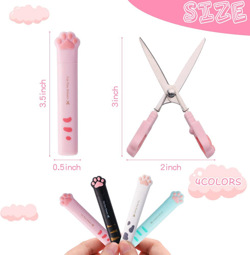 4 Pieces Cute Mini Scissors, Cartoon Cat Paw Stainless Steel Craft Scissors, Folding Stationery Scissors with Safety Cover, Portable Safety Scisso...