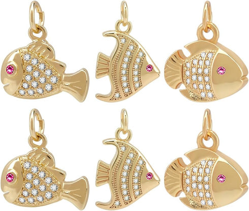 Beebeecraft 9Pcs 3 Styles Cubic Zirconia Fish Charms 18K Gold Plated Summer Sea Fish Pendant Charm with Storage Box for DIY Jewelry Crafts Necklac...