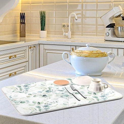 Green Leaves Dish Drying Mat for Kitchen Counter Herb Plant White Drying Mats Super Absorbent Reversible Microfiber Kitchen Countertop Protector D...