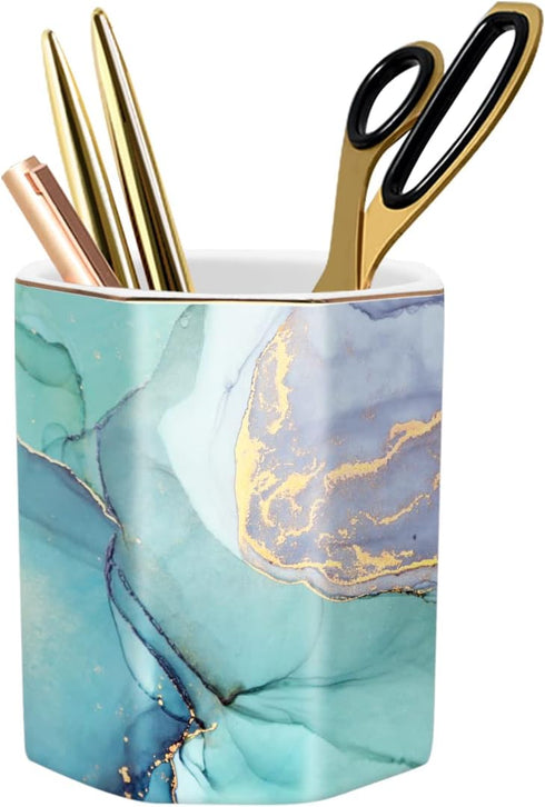 WAVEYU Pencil Cup for Desk Cute, Pen Pencil Stand Holder, Office Desk Organizer for Men Women Ceramic Marble Makeup Brush Holder for Home, Green M...