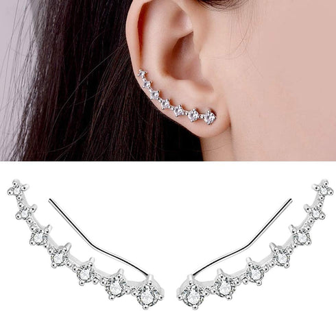 7 Crystals Ear Cuffs Stud Climbers Earrings S925 Sterling Silver Hypoallergenic Arete...