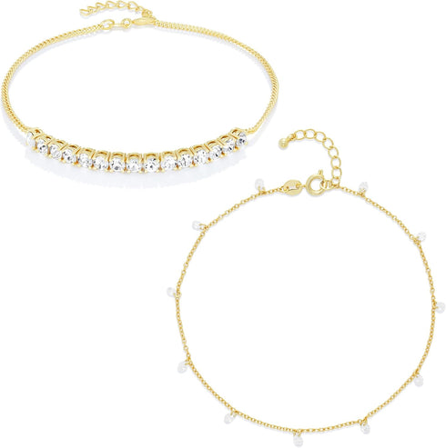 Amazon Essentials Plated Cubic Zirconia Tennis and Stations Anklet Set 9" + 1" Extender...