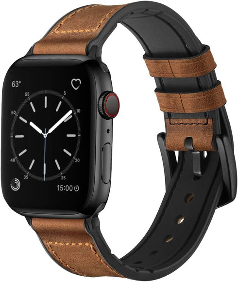 OUHENG Compatible with Apple Watch Band 42mm 41mm 40mm 38mm, Sweatproof Genuine Leather and Rubber Hybrid Band Strap for iWatch Series 10 9 8 7 6 ...
