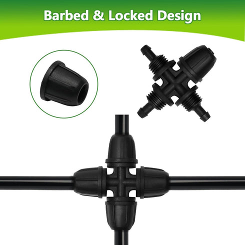 1/4" Drip Irrigation Fittings, 26 Pcs Lock Barbed Cross Connectors for 1/4 Inch Drip Irrigation Tubing Drip Line 4 Way T Parts with Lock Nut for G...