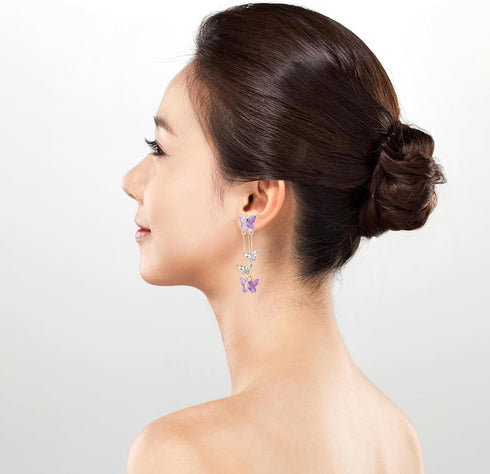 Purple Butterfly Earrings Crystal Butterfly Earings Long Tassels Shiny Butterfly Dangle Earrings Zircon Earrings for Women Crystal Rhinestone Drop...