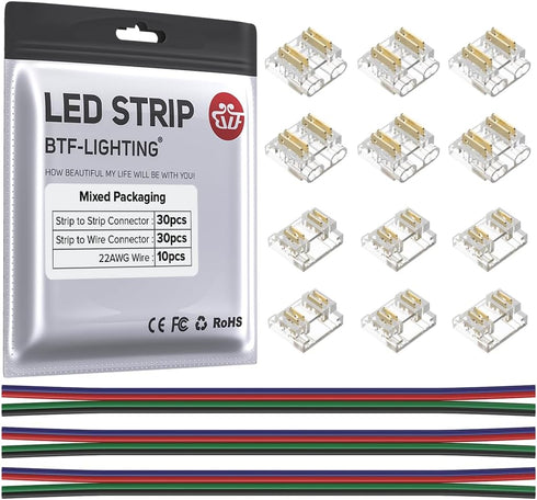 BTF-LIGHTING FCOB 4Pin 10mm 0.39in Transparent Connector Kit 30pcs Corner Connector 30pcs Gapless Solderless Connector 10pcs 5.9in Long 22AWG Exte...