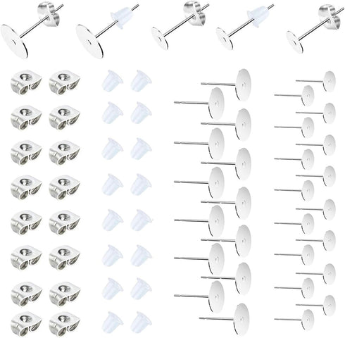450PCS Earring Posts Stainless Steel Flat Pad,Hypoallergenic Stud Earrings with Butterfly and Rubber Bullet Earring Backs for Jewelry DIY Making F...