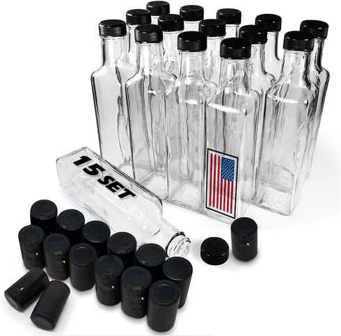 Quadra Bottles 8.5 Oz 15 Sets of Premium Commercial Grade Glass Square Bottle Leak Proof Airtight Plastic Screw Cap Lids Shrink Capsule - European...
