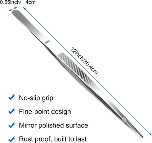 AHIER 12inch Kitchen tweezer Stainless Steel, Long tweezer with Precision Serrated Tips for Cooking Pincette for Sea food, Bar Tweezer...