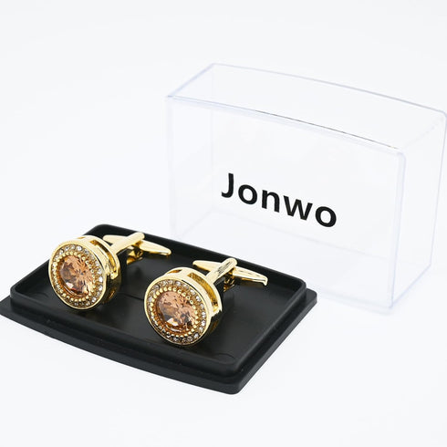 Round Brown Crystal Golden Cufflinks for Men Lady In Gift Case Zircon Gemstone Men's Cufflinks Jewelry Set for Wedding Anniversary Business Party ...
