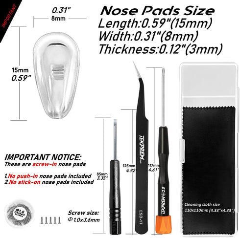 Eyeglasses Nose Pads, TEKPREM Screw in Glasses Nose Pads Replacement Repair Tools Kit with 5 Pairs of Air Chamber Silicone Nose Pads,Screws,Screwd...