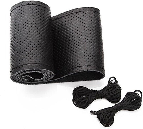Universal Leather Car Steering Wheel Stitch On Wrap Cover DIY Sewing Breathable and Anti Slip, Maximum for 15-Inch Diameter Car Steering Wheel (Bl...