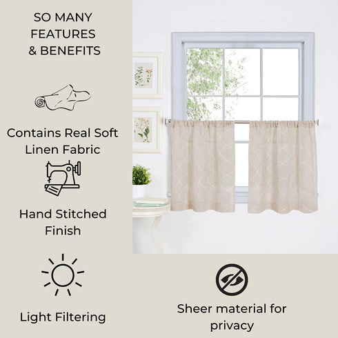 Elrene Home Fashions Taylor Embroidered Rod Pocket Kitchen/Cafe Tier Window Curtain Tiers, Set of 2, 30" x 24", Linen...