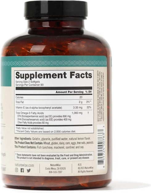NatureWise Extra-Strength Omega 3 Fish Oil Supplement - 1000mg per Serving - 600 EPA & 400 DHA and Vitamin E - Support for Heart & Brain Health - ...