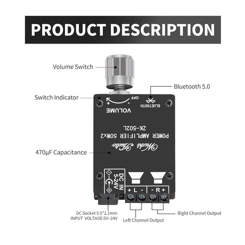 Mini Bluetooth Amplifier Board Class D AMP Module for DIY Wireless Speaker (ZK-502L)...