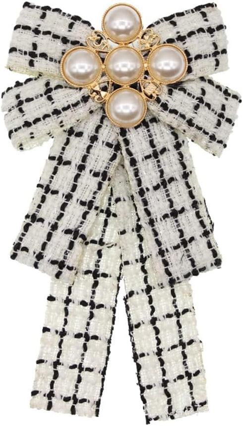 Pearl Bowknot Pre-Tied Brooch Elegant Ribbon Neck Tie Pin for Women Ladies Girls Student Brooches Suit Shirt Pins Fashion Collar Clothing Accessor...