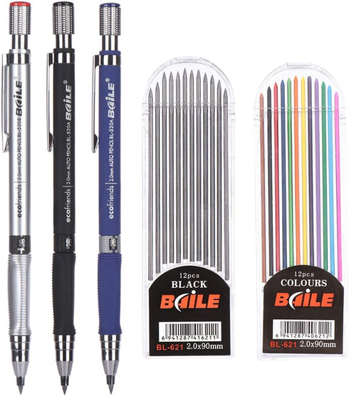 5pcs 2.0 mm Mechanical Pencil Lead Holder Set, 3pcs Automatic Pencils and 2 Cases Lead Refills (Color & Black) for Draft Drawing Writing Crafting ...